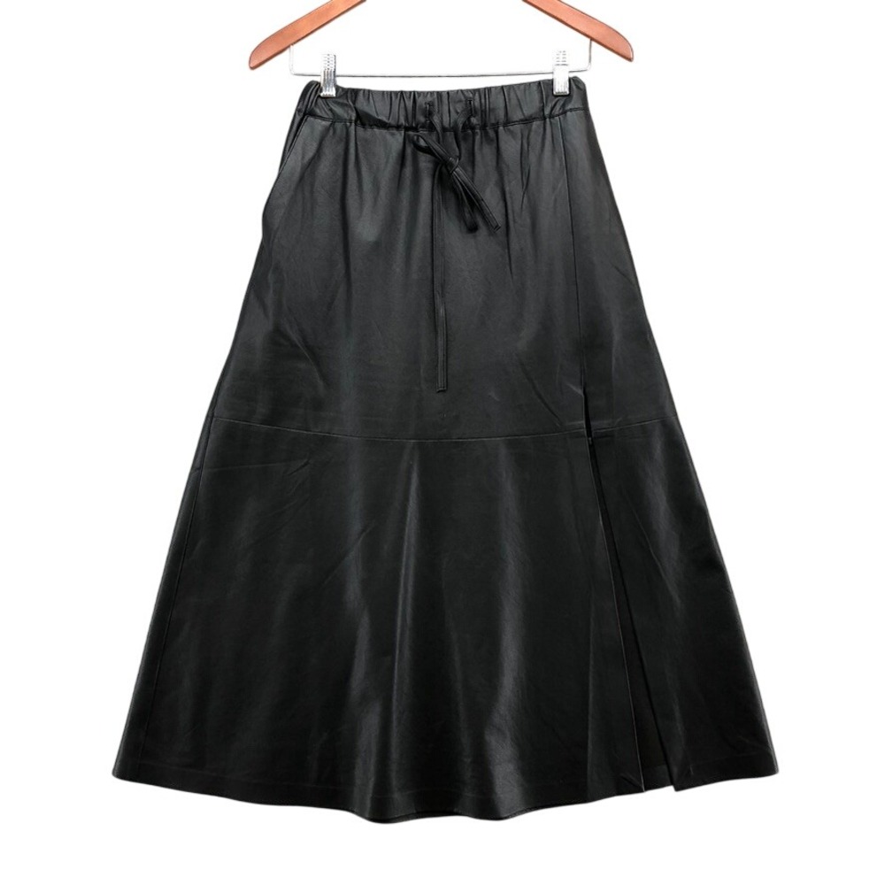 Brochu Walker Faux Leather Skirt Womens XS Black Drawstring‎ Midi TPU3772